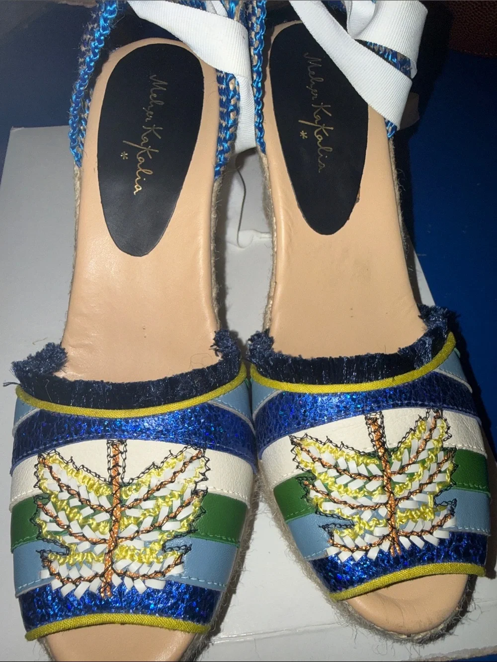 Meher Kakalia Wedge Sandals Espadrille Blue Green Embroidered Butterfly EU 39